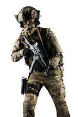 Obraz premium Soldier holding assault rifle. Uniform conforms to special services of the Russian Federation. Shot in studio. Isolated with clipping path on white background
