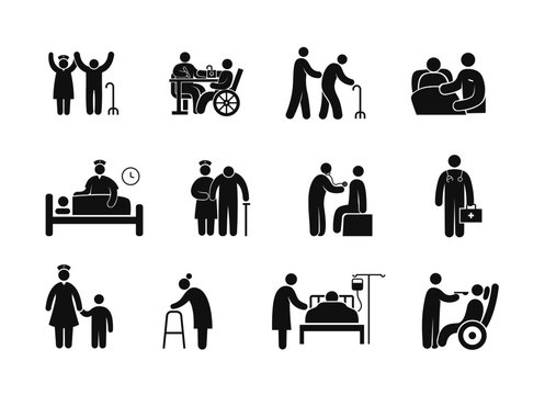 patient care, nursing home activities icon set