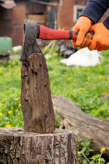 Hands hold an ax and chop wood on a stump