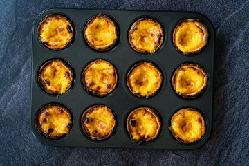 Pasteis de Nata or Belem Tart. Portuguese Custard made with Egg, Cinnamon, Sugar and Flour in Muffin Tray / Cupcake Mold.
