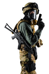 Soldier holding assault rifle. Uniform conforms to special services of the Russian Federation. Shot in studio. Isolated with clipping path on white background