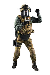 Soldier holding assault rifle. Uniform conforms to special services of the Russian Federation. Shot in studio. Isolated with clipping path on white background