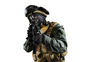 Soldier holding assault rifle. Uniform conforms to special services of the Russian Federation. Shot in studio. Isolated with clipping path on white background
