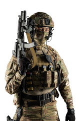 Soldier holding assault rifle. Uniform conforms to special services of the Russian Federation. Shot in studio. Isolated with clipping path on white background