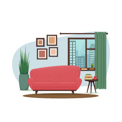 Living room interior design. Cozy sofa with a rug, side table with a stack of books and a mug, succulent house plants, picture frames, window with curtains in the background. Vector illustration.