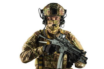 Obraz premium Soldier holding assault rifle. Uniform conforms to special services of the Russian Federation. Shot in studio. Isolated with clipping path on white background
