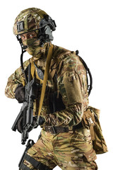 Soldier holding assault rifle. Uniform conforms to special services of the Russian Federation. Shot in studio. Isolated with clipping path on white background