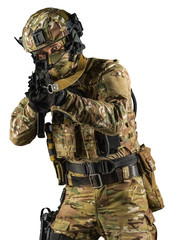 Soldier holding assault rifle. Uniform conforms to special services of the Russian Federation. Shot...