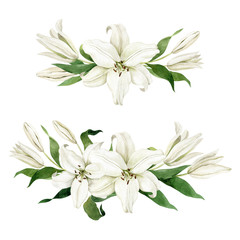 Watercolor white lilies two horizontal compositions isolated on white background. Hand drawn clipart for wedding invitations, birthday stationery, greeting cards, scrapbooking.