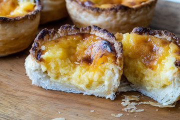 Pasteis de Nata or Belem Tart. Portuguese Custard made with Egg, Cinnamon, Sugar and Flour on Wooden Plate.