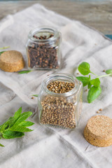 Coriander seeds and dried cloves on the backgorund with some aromatic plants. Species and ingredients for cooking concept.