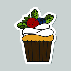 Vector cupcake sticker isolated on gray background. Food design elements for the menu, bakery logo, web, postcards, stickers.