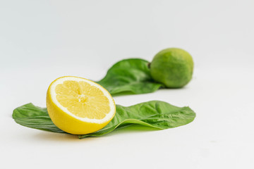Half Organic Lemon and a lime with lemon tree leaves isolated on white. Fresh summer background.