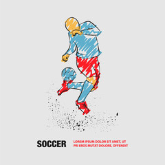 Soccer player fights with ball on heel. Vector outline of soccer player with scribble doodles style.