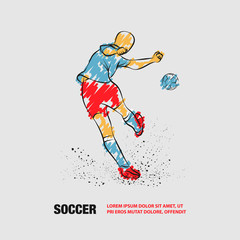 Fototapeta na wymiar Soccer player kicks the ball. Back view. Vector outline of soccer player with scribble doodles style.