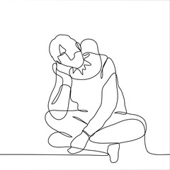 full-length man sits cross-legged on the floor, wearing an inflatable pillow for his neck. One continuous line is a drawing of a tired, expectant, sleepy, exhausted person. Can be used for animation.