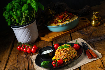 rustic bulgur fried with minced meat and vegetables