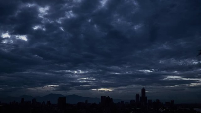 time lapse of dense cloud cover over city during blue hour