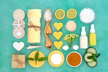 Beauty treatment for restorative skin care with lemon, turmeric powder and cucumber, with spa,...