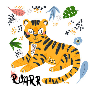 Poster with cute tiger and tropical plants. Cartoon childish style, good for fabric and textile, wallpapers and more. Creative jungle bright animals. Vector editable.