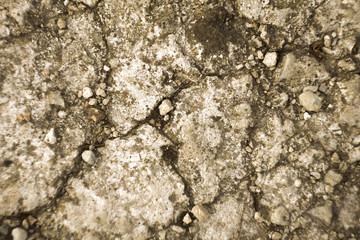 Aged concreted floor at the street. Concrete texture. Damaged surface. Shabby ground. Cracks on the floor 