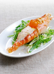 Asian style steamed shrimp with stuffed meat and vegetables