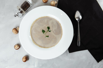 Mushroom soup with parsley on gray background, close up