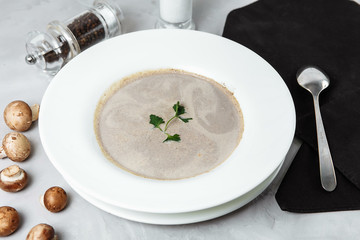 Mushroom soup with parsley on gray background, close up