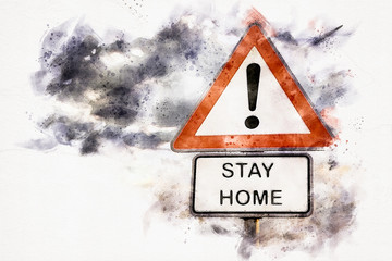  road sign with  the words Stay Home in the style of an aquarelle