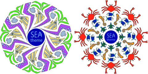 Sea life circle pattern. colorful round tracery vector set. ocean animals mandala print
