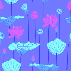 Lotus floral seamless pattern. Gentle purple, pink and cyan fabric. Asian textile. background