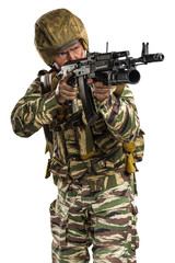 Male in uniform conforms to Russian army special forces (OMON) in War in Chechnya. Isolated on white background