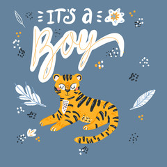 It s a boy. Baby shower celebration. Light blue vector illustration. Tiger