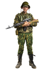 Male in uniform conforms to Russian army special forces (OMON) in War in Chechnya. Isolated on white background