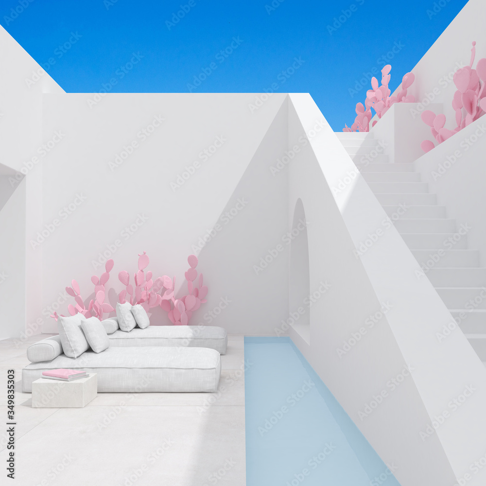 Poster Abstract of minimal architecture space with white staircase and wall on blue sky background, Courtyard with shade and shadow. 3D rendering.