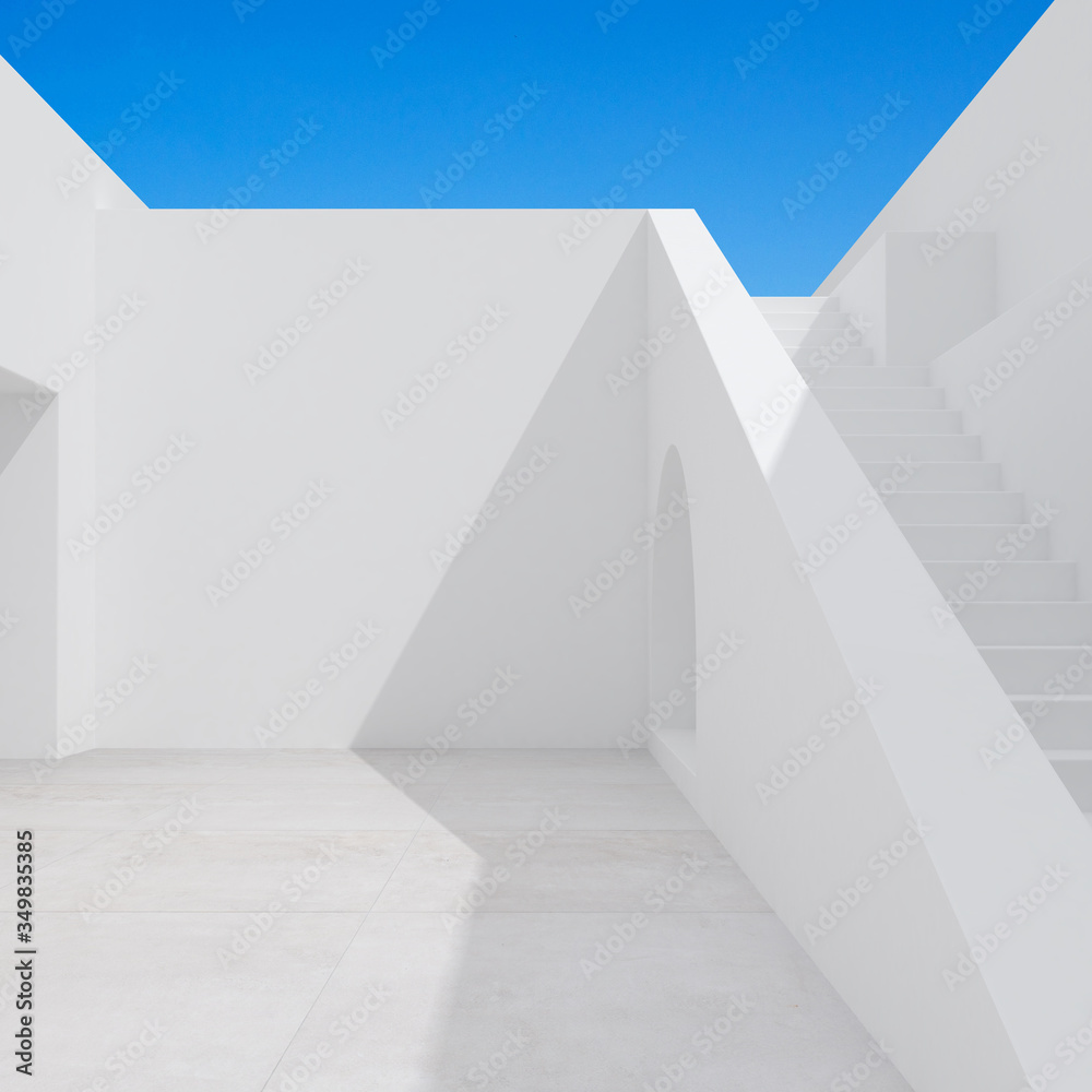 Poster Abstract of minimal architecture space with white staircase and wall on blue sky background, Courtyard with shade and shadow. 3D rendering.