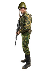 Male in uniform conforms to Russian army special forces (OMON) in War in Chechnya. Isolated on white background