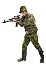 Male in uniform conforms to Russian army special forces (OMON) in War in Chechnya. Isolated on white background