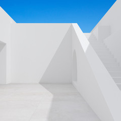 Abstract of minimal architecture space with white staircase and wall on blue sky background, Courtyard with shade and shadow. 3D rendering.
