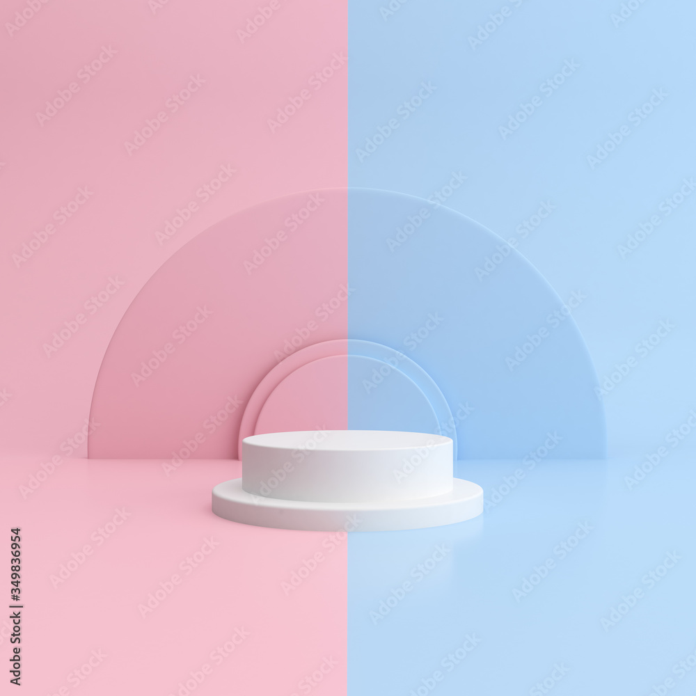 Poster Minimal mock up scene with round geometric podium in pink and blue color. Product presentation. 3D rendering.