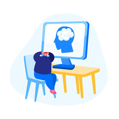 Male Character Have Brain Stroke, Apoplexy Attack on Working Place. Office Employee with Strong Headache Sitting at Desk with Human Head on Pc Desktop, Hypertension Crisis. Cartoon Vector Illustration