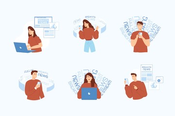 Collection of people using smartphones and laptops to read the news. Stay at home. Vector illustration in a flat style. 