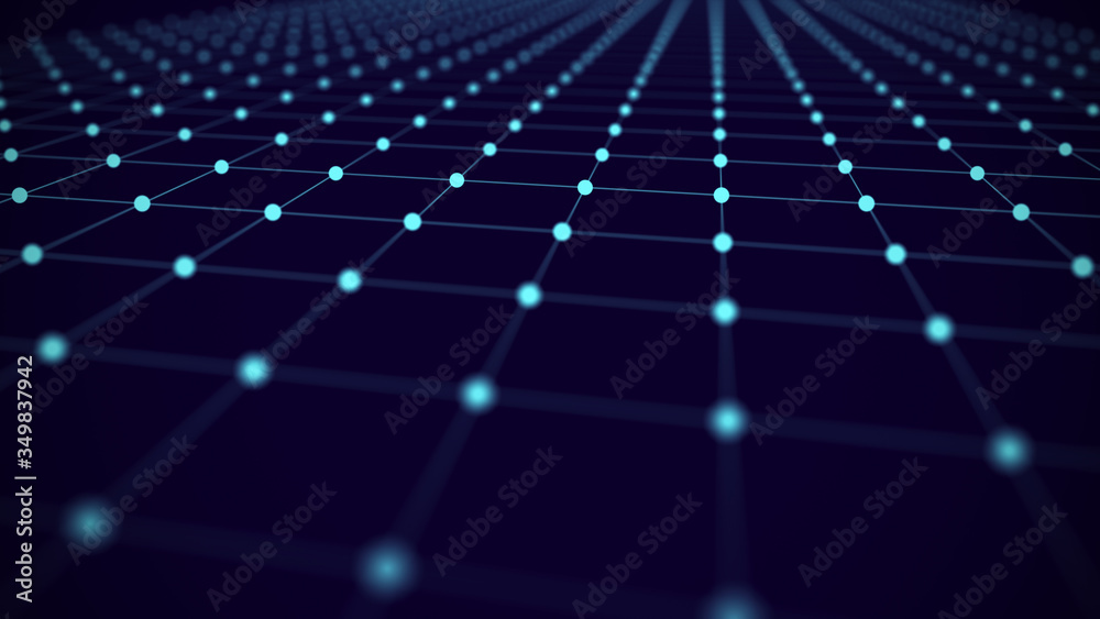 Aufkleber Abstract wireframe perspective grid, connection of blue dots and lines on dark background. 3d rendering.