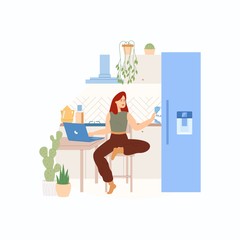Home office. The girl sitting at the table and working. Vector illustration in a flat style. 