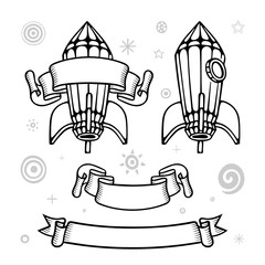 Rocket sketch drawing. Old style space ship and vintage banners hand drawn vector illustrations collection. Part of set.