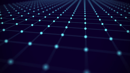 Obraz premium Abstract wireframe perspective grid, connection of blue dots and lines on dark background. 3d rendering.