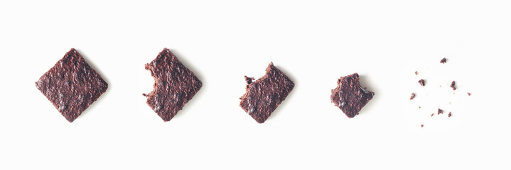 Chocolate brownies, five devoured steps, isolated on white background