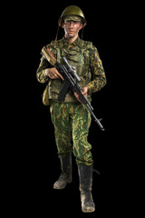 Male in uniform conforms to Russian army special forces (OMON) in War in Chechnya. Isolated on black backgroundx