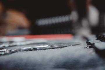 Hairdresser tools: combs, razors, scissors hair clipper.