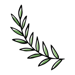 Twig in doodle style. For greeting cards, logo. Hand drawn vector illustration in black ink. Isolated outline.